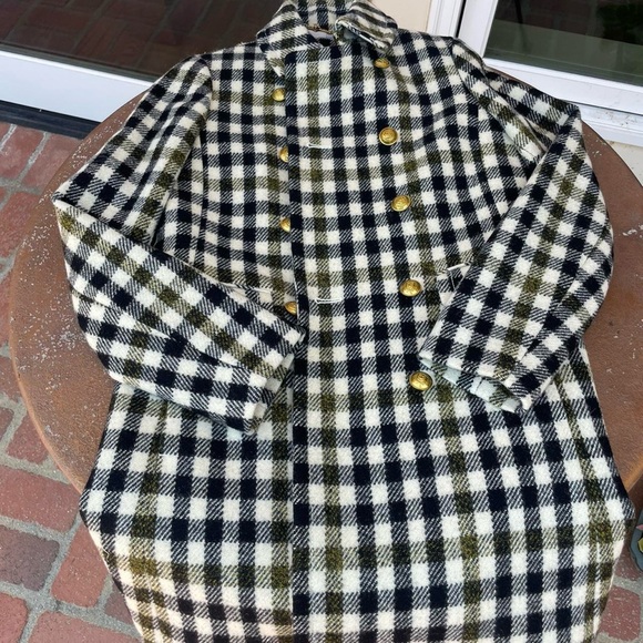 J Crew Plaid Oxford Long Wool Coat Gold Buttons Blue Green Ivory Multi Sz 2 - Picture 6 of 9